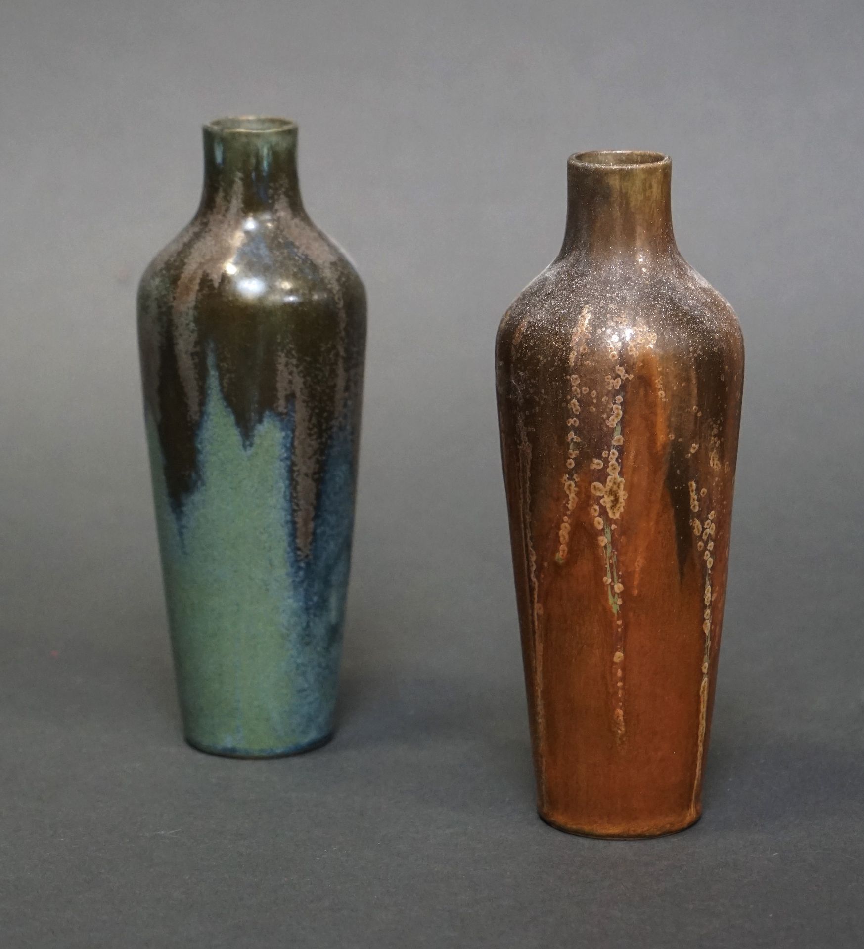Null DENBAC. Pair of flamed stoneware bottle vases with brown and green enamel c&hellip;
