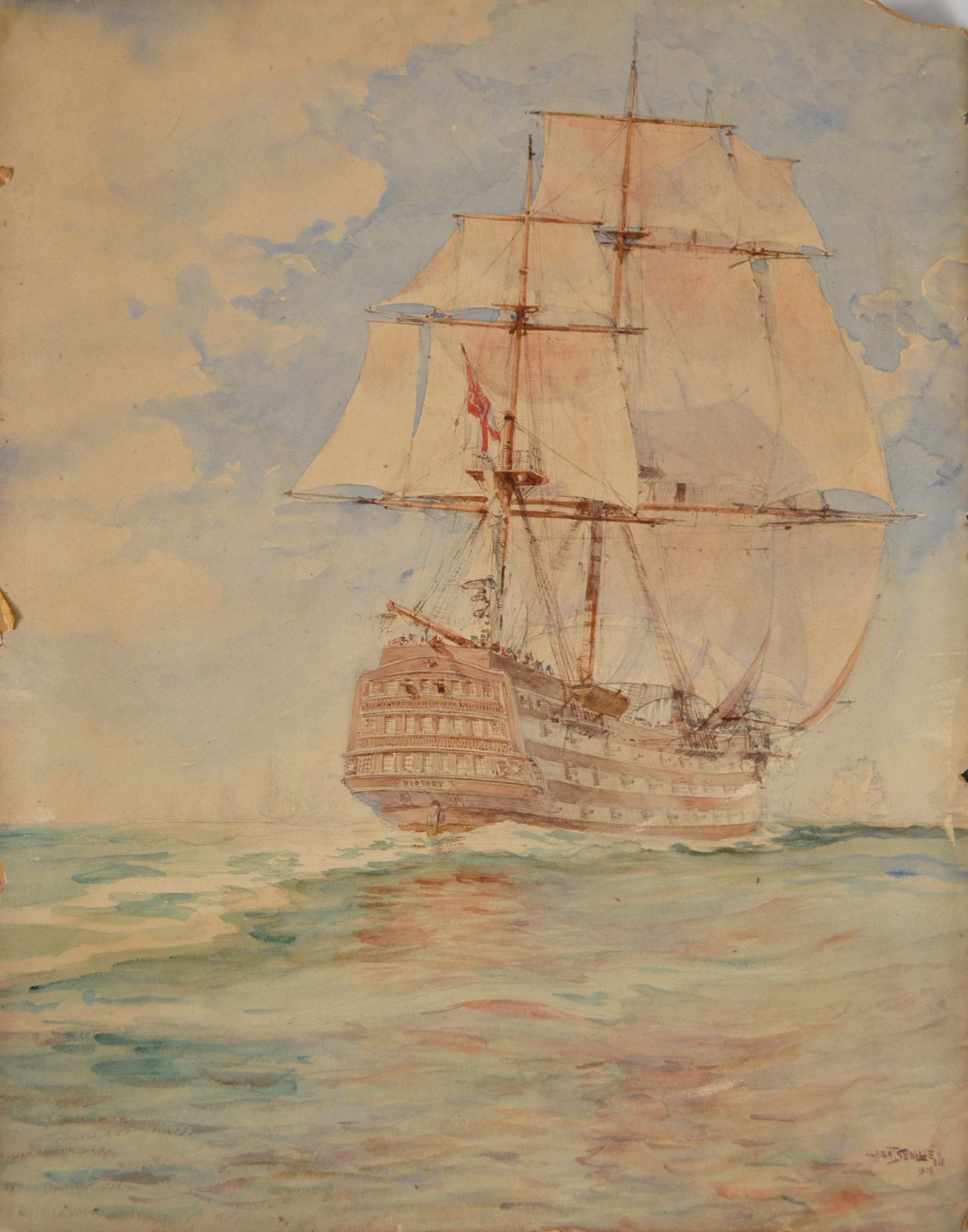 Null 阿尔伯特-塞比勒（1874-1953 年），《胜利号》，纳尔逊在特拉法加的战舰，远处的舰队，1908 年。60 x 47 厘米（缺角缺边）。