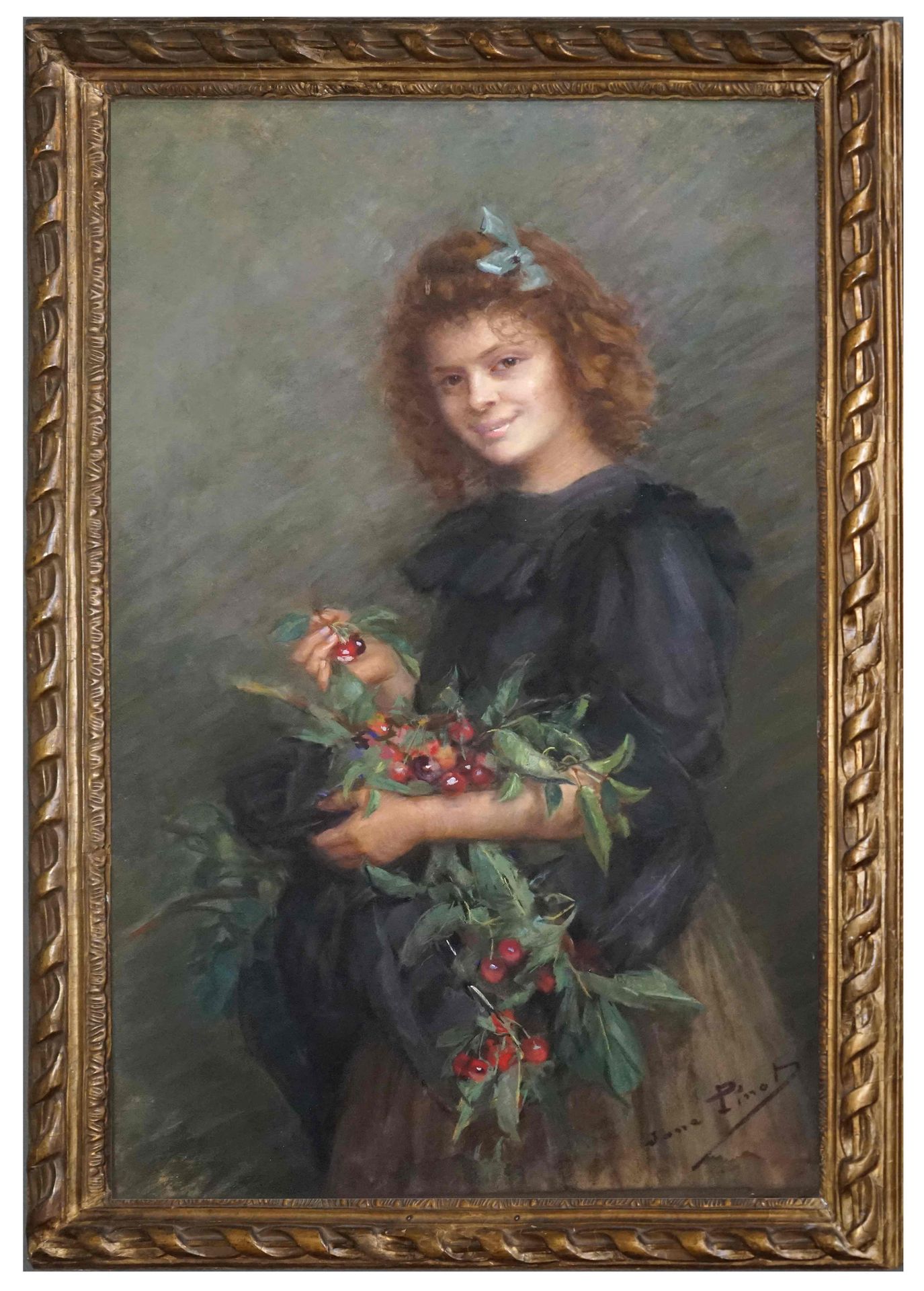 Null Jeanne PINOT, XIXe). Jeune fille au rameau de cerises. Pastel signé en bas &hellip;