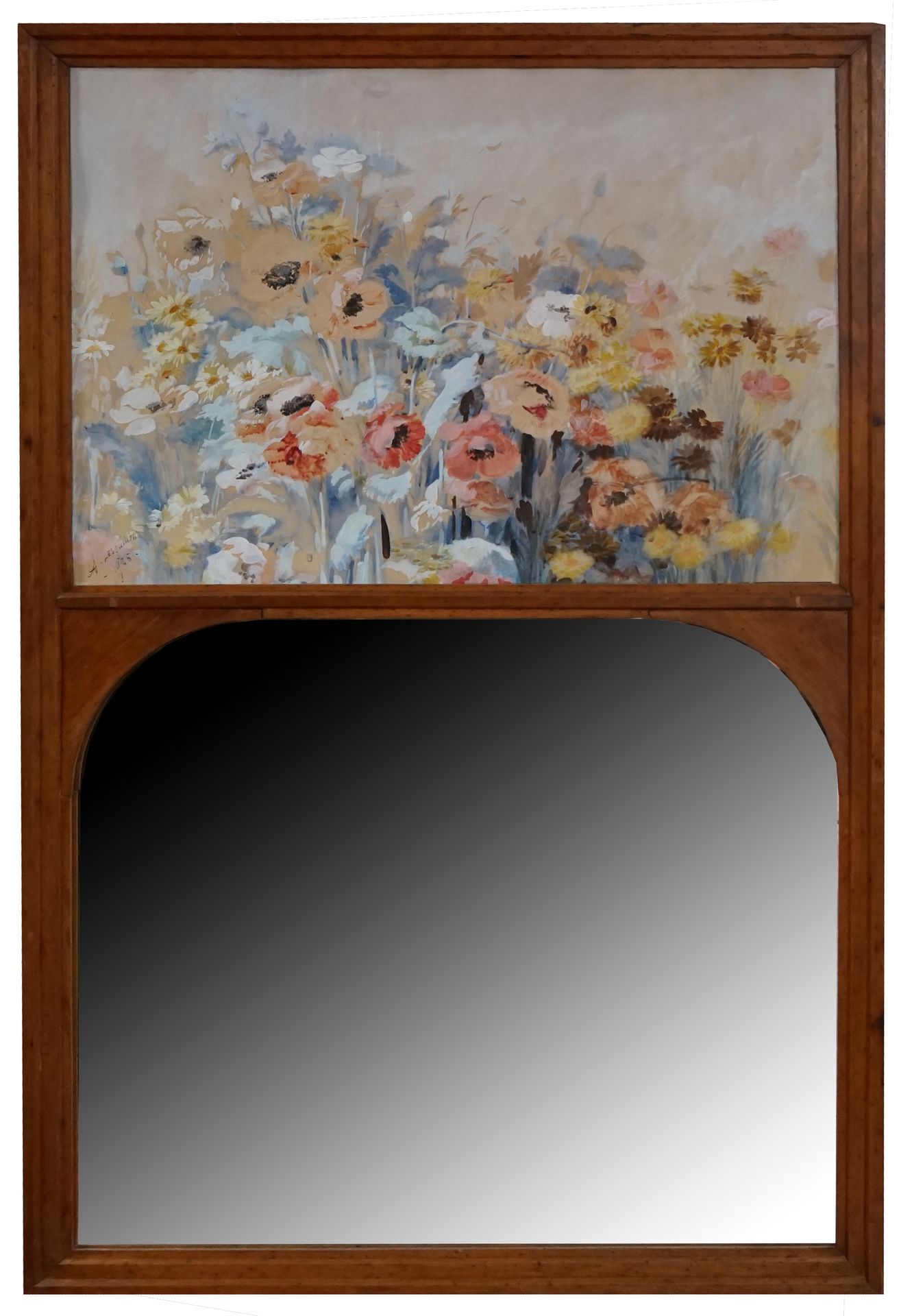 Null Walnut TRUMEAU, the upper part decorated under glass with poppies and field&hellip;