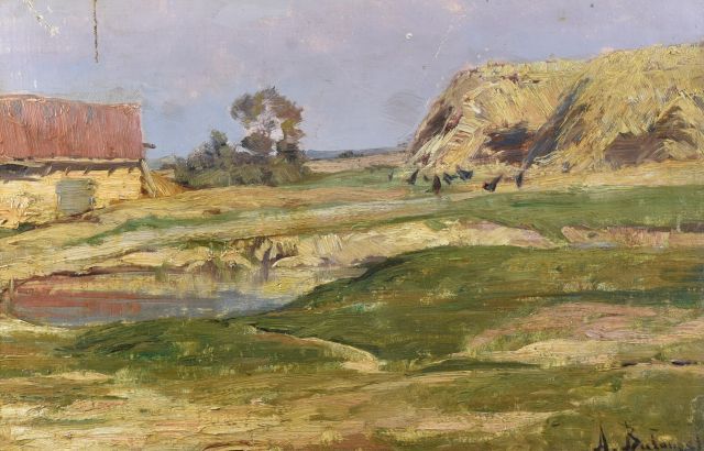 Null 阿尔芒-奥古斯特-巴鲁泽 (1858-1905)

池塘边的小鸡

裱在画板上的油画，右下方有签名

29.5x44.5厘米

(左上角有两处破损)