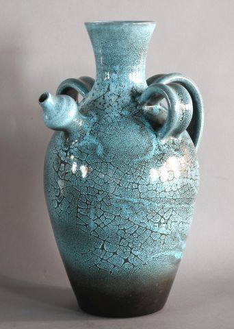 Null ACCOLAY. Three-handled pottery jug, grey-blue crackled decoration, glossy c&hellip;