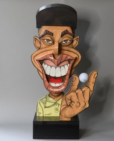 Null Bruno MARTY. 

Tiger Woods

Scultura caricaturale in legno dipinto in polic&hellip;