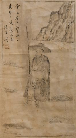 Null 中国 20世纪。

两张纸上水墨画和水彩画的亮点，描绘了风景中的圣人。

每张：63x35厘米

(有狐臭和潮湿的痕迹)