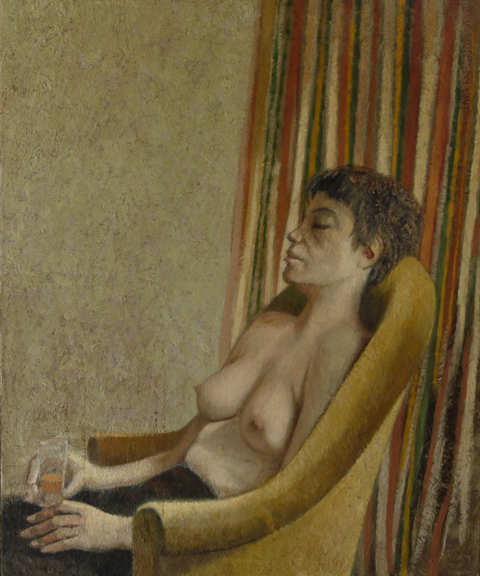 Null 让-克劳德-贝松-吉拉尔 (1938-2021)

玛蒂娜坐在黄色的扶手椅上，喝着一杯威士忌

布面油画，无签名

55 x 46 厘米