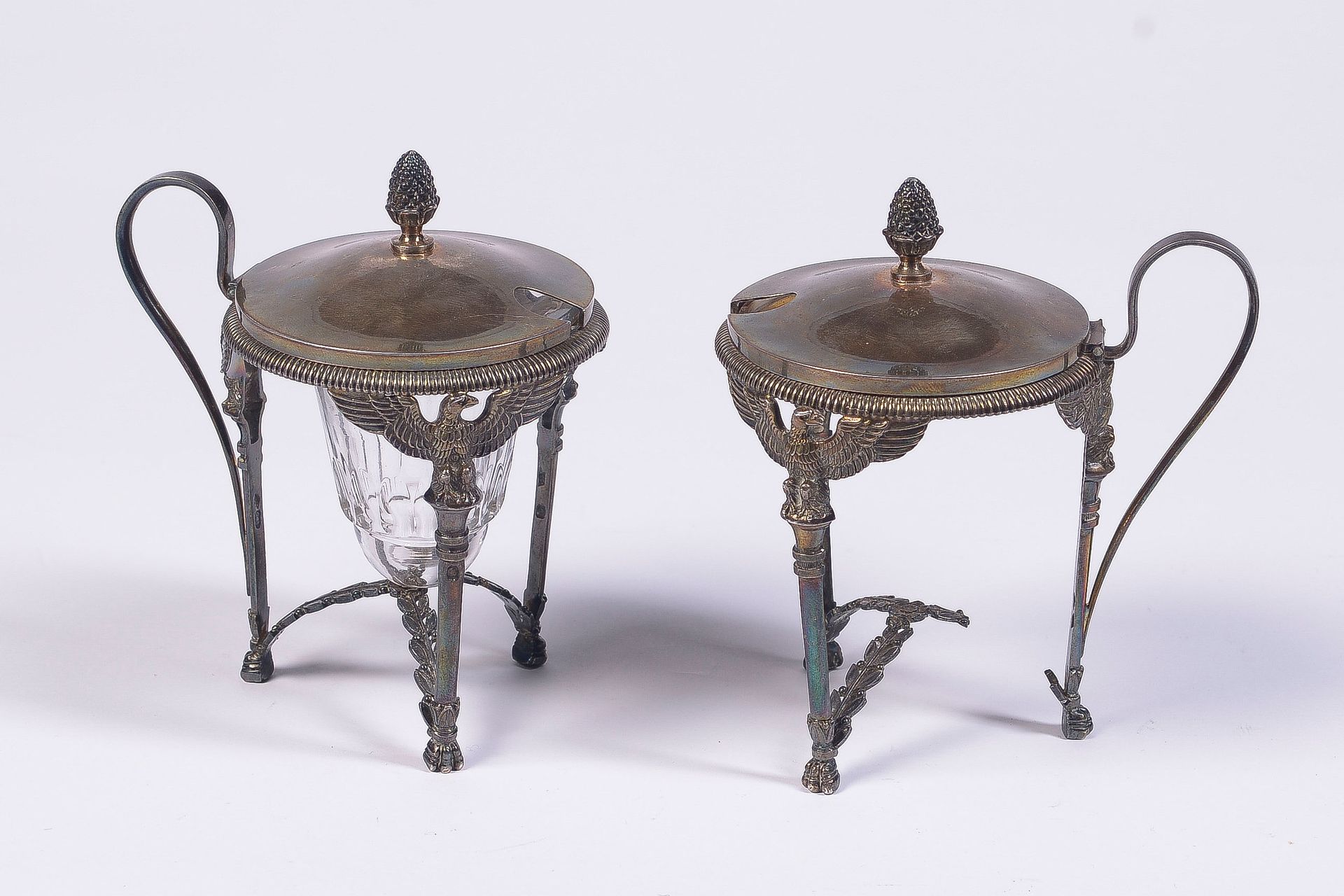 Null Pair of silver tripod mustard pots, standing on half-columns with double ri&hellip;