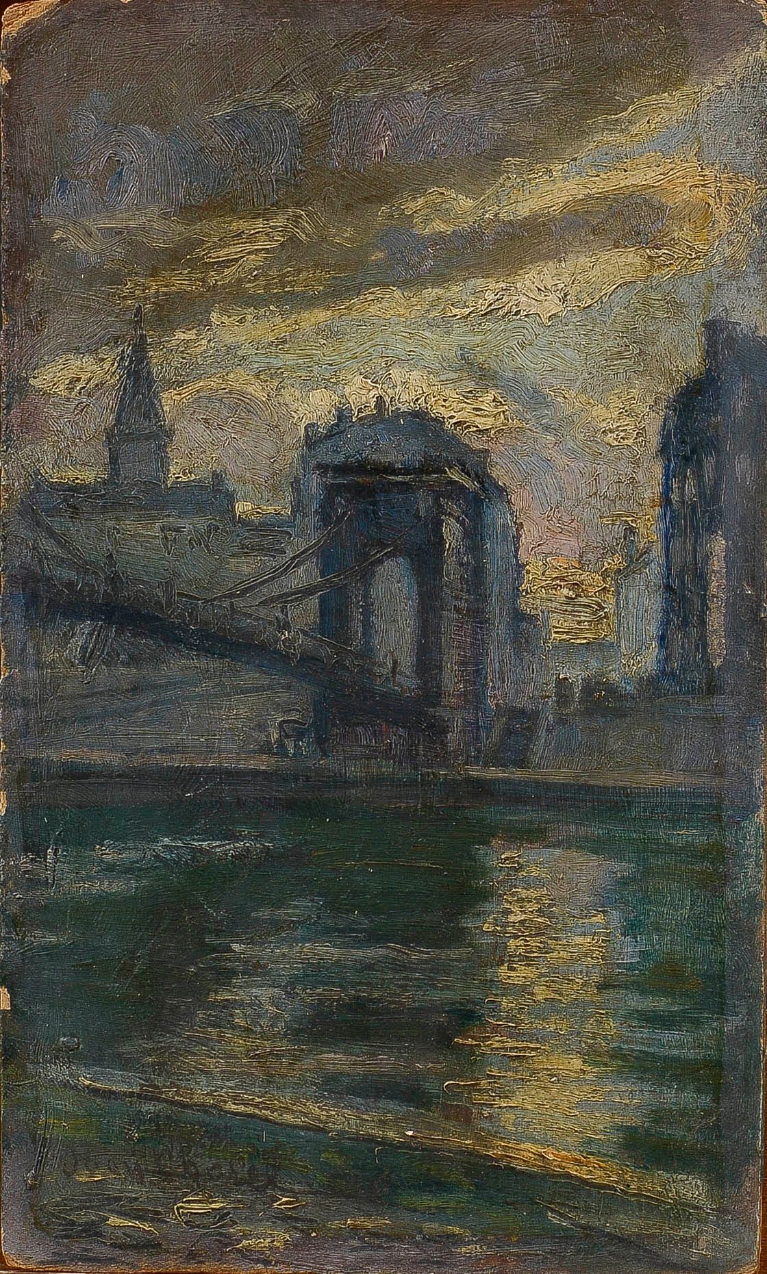 Null 让-乔尔(Jean CHOREL) (1875-1946)

里昂，黄昏时分的人行桥

纸板上的油画，左下方有签名

24 x 14,5 cm

边缘&hellip;