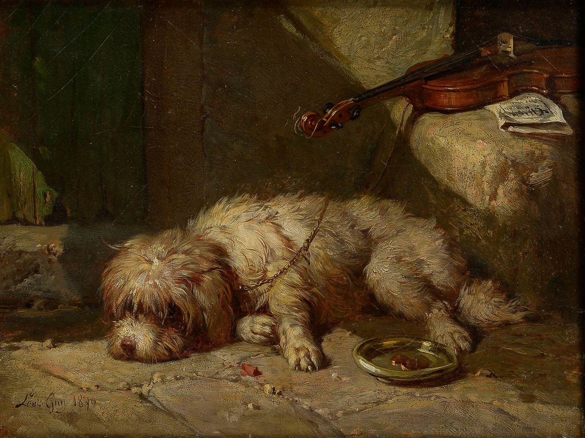 Null 路易-盖伊 (1824-1888)

提琴手的狗，1870年

布面油画，左下方有签名和日期

25 x 33 cm

小型修复