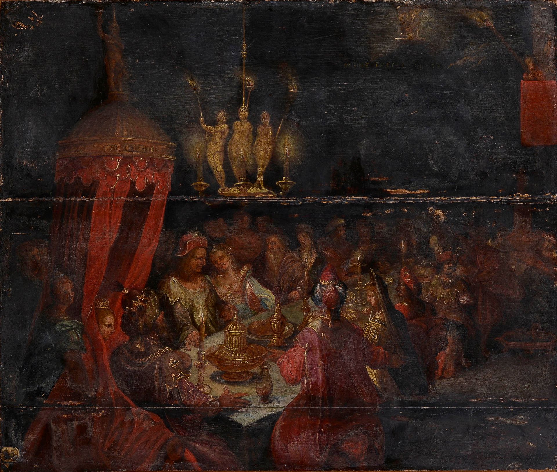 Null 北欧学派，16世纪末或17世纪初

巴尔萨扎尔的盛宴

板上油彩

47.5 x 56 cm

(裂缝)