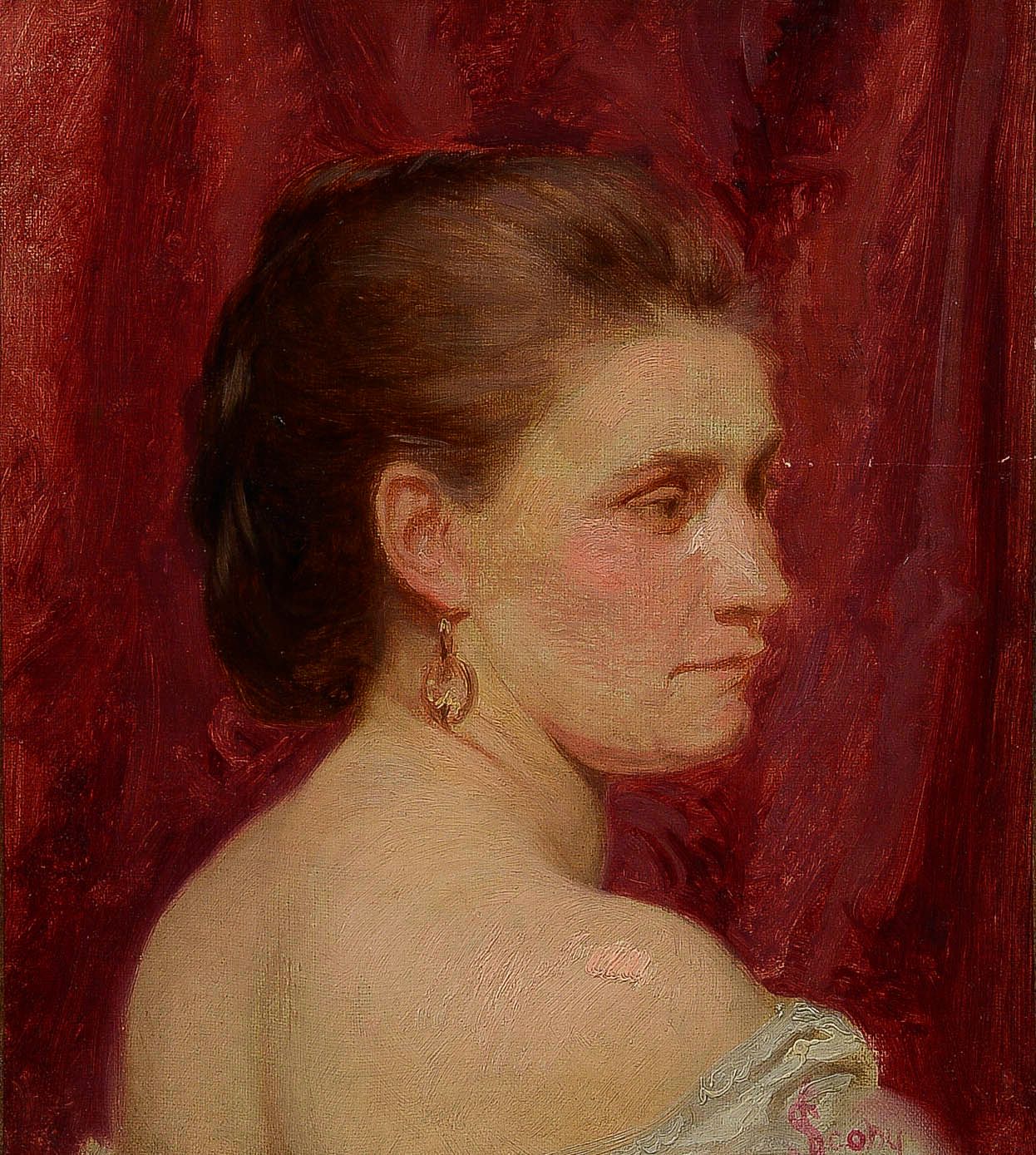 Null 让-斯科伊 (1824-1897)

一个女人的肖像，从后面看

布面油画，右下方有签名

27 x 24 厘米

衬里