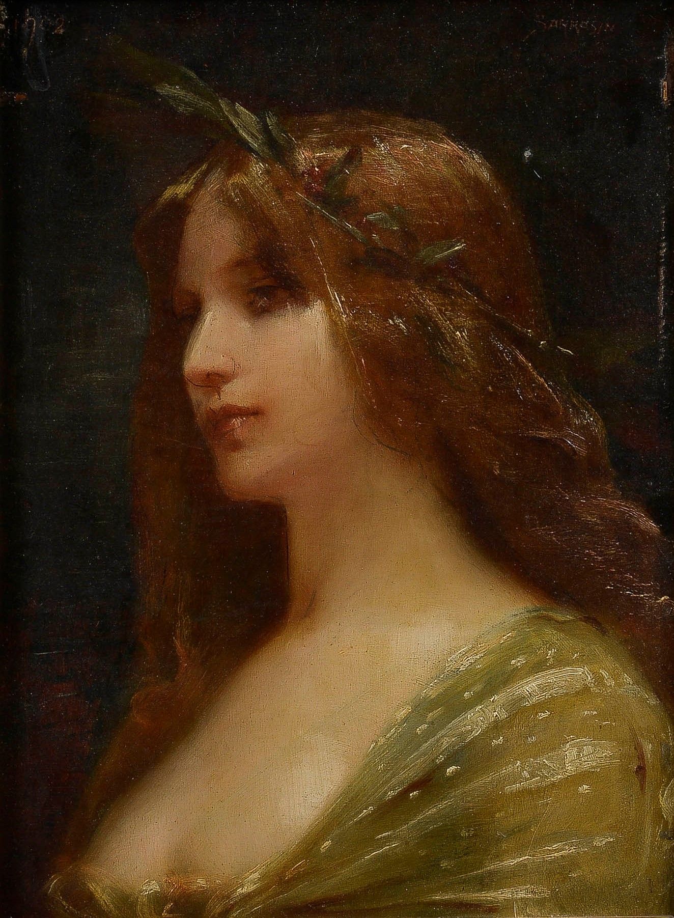 Null 
琼尼-帕奎尔-萨拉辛(1847-1909)

戴着桂冠的女人半身像或诗歌，女人的头，1902年

面板油画，右上角有签名

33 x 24 厘米

&hellip;