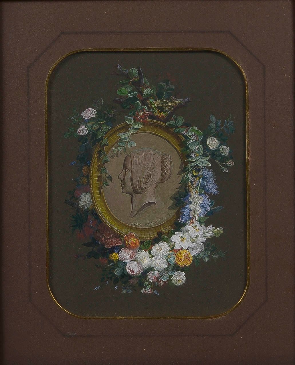 Null 
让-玛丽-雷尼埃 (1815-1886)

被鲜花簇拥的女人的轮廓，1847年

水粉画，中央下方有签名和日期

31 x 23 cm (正在观看)&hellip;