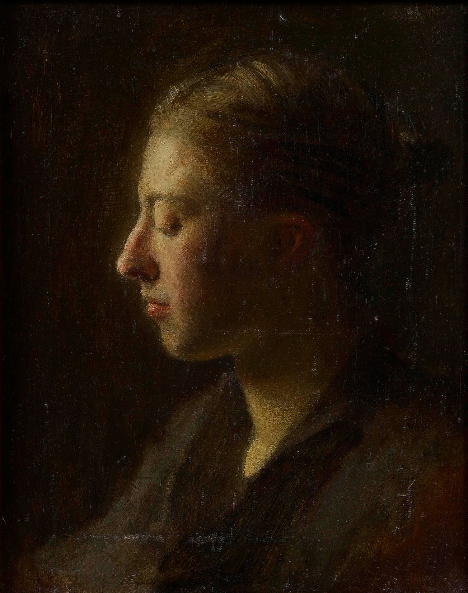 Null 约瑟夫-布吕尼埃 (1860-1929)

年轻女孩闭着眼睛的轮廓

布面油画，由画家的女儿提供证明

35 x 28 cm