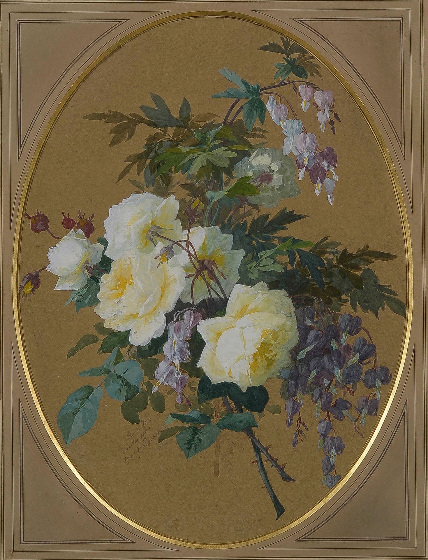 Null A.MAS (19世纪)

玫瑰花和紫藤花，1881年

水粉画，左下方有签名、标题和日期1881年5月24日

椭圆形尺寸：57 x 42.5厘米(&hellip;