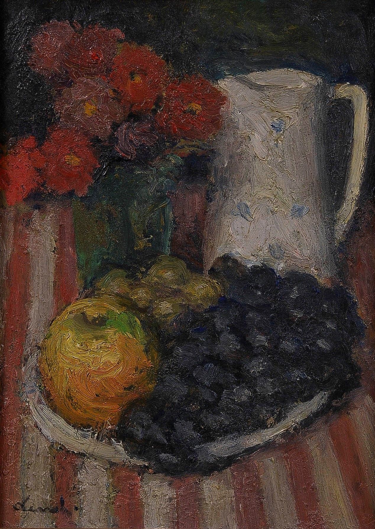 Null 皮埃尔-德瓦尔 (1897-1993)

水果和鲜花 1985年

木板油画，左下方有签名，背面有标题和日期

33 x 24 厘米