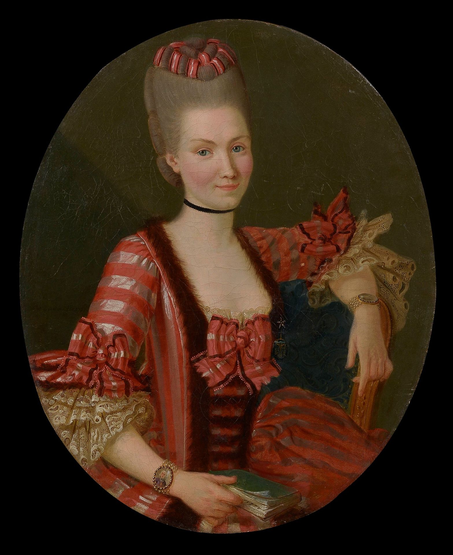 Null DESCOURS Fils（18世纪的法国学校）。

一位微笑着的优质女士的画像

布面油画，椭圆形，右侧有Descours fils的签名和1772&hellip;