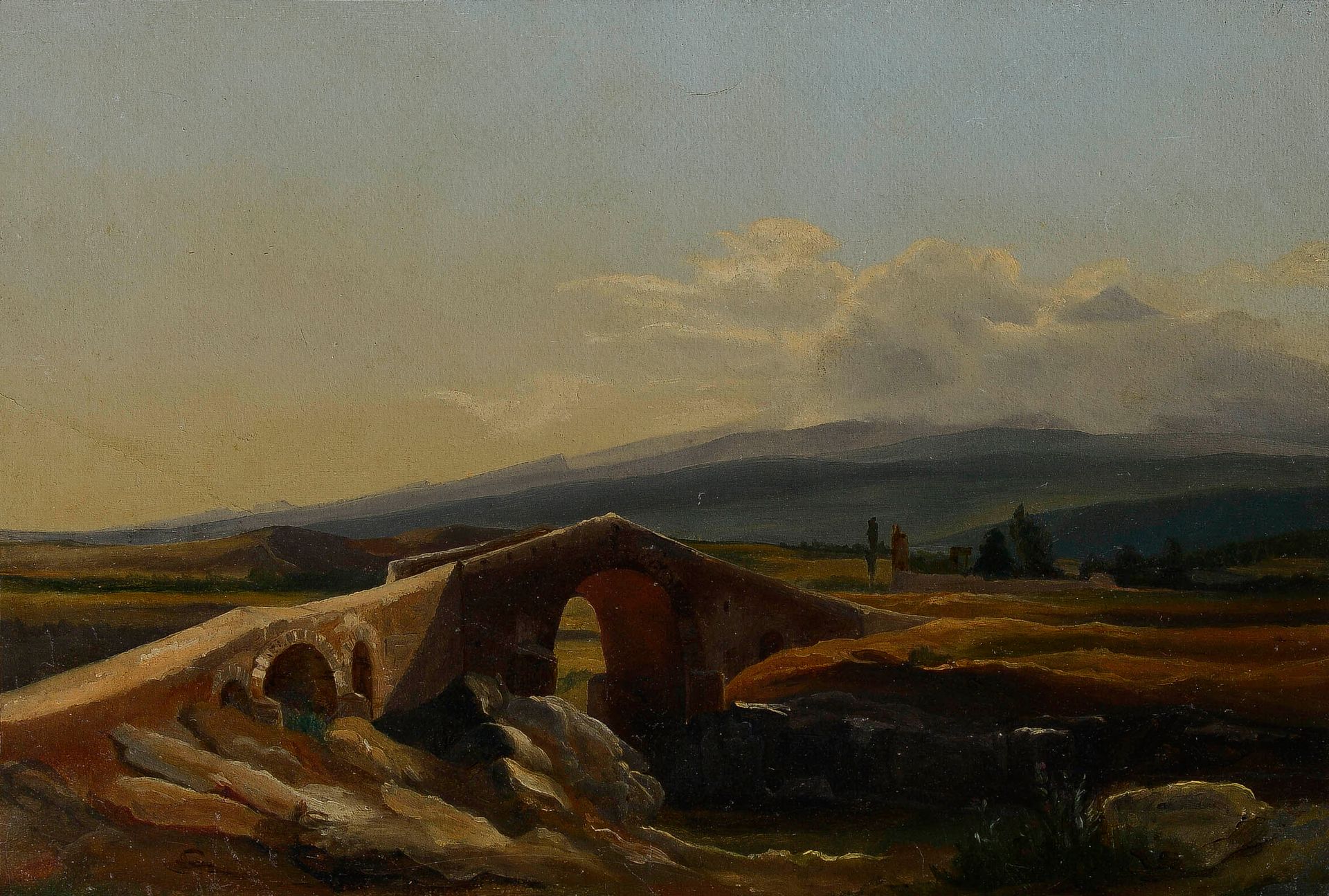 Null Alexandre DUBUISSON (1805-1870), 归功于

罗纳河谷的景观与罗马桥

纸上油画，装在画布上，框架上用铅笔写着画家的名字&hellip;