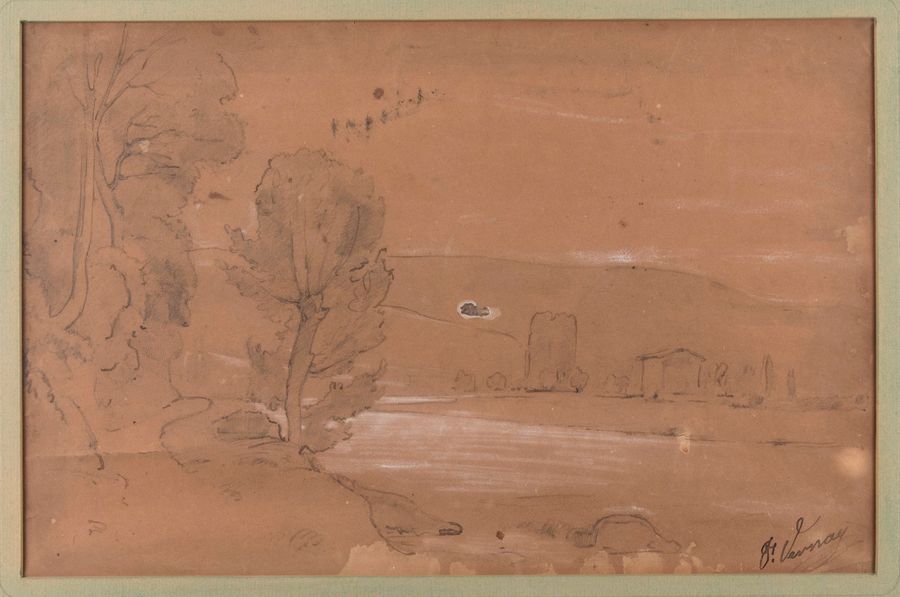 Null François VERNAY (1821-1896). Paysage au bord de rivière. Dessin à l'encre e&hellip;