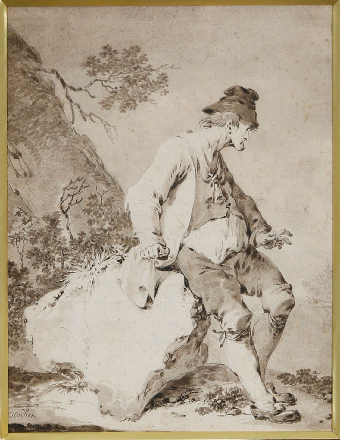 Tiberius Domenikus Wocher (1728-1799) Paysan assis sur un rocher  Plume et lavis&hellip;