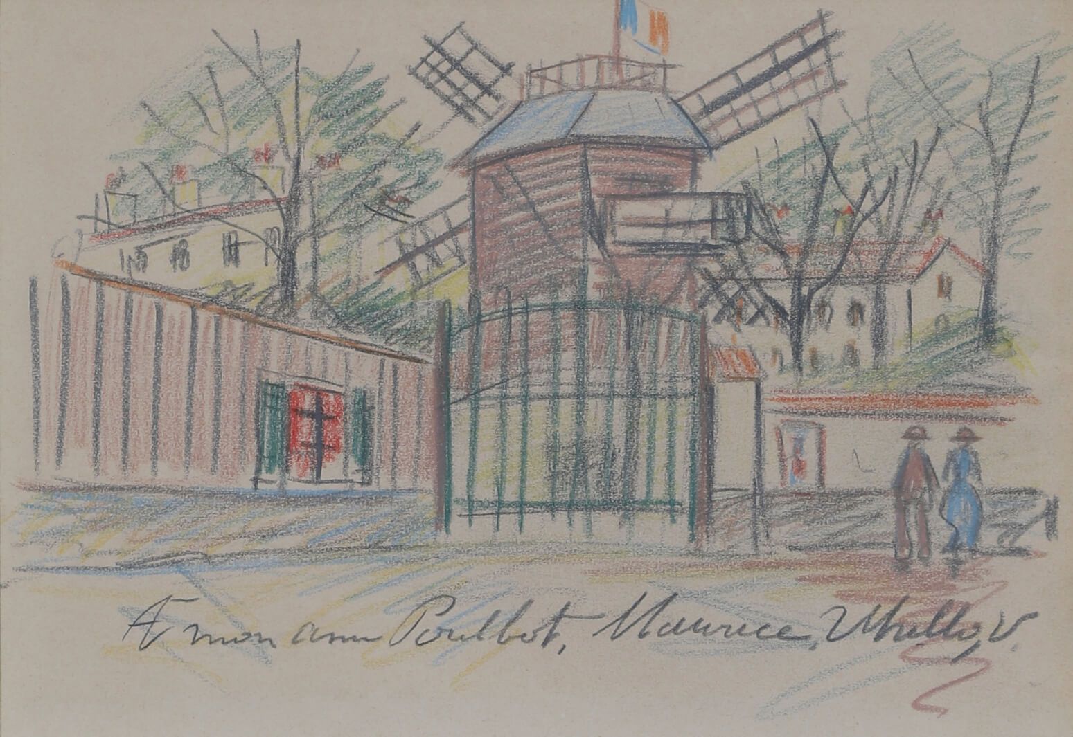 Maurice UTRILLO (1883-1955) 蒙马特，le Moulin de la Galette 纸上粉笔画，中央下方有签名并献给 "给我的朋友P&hellip;