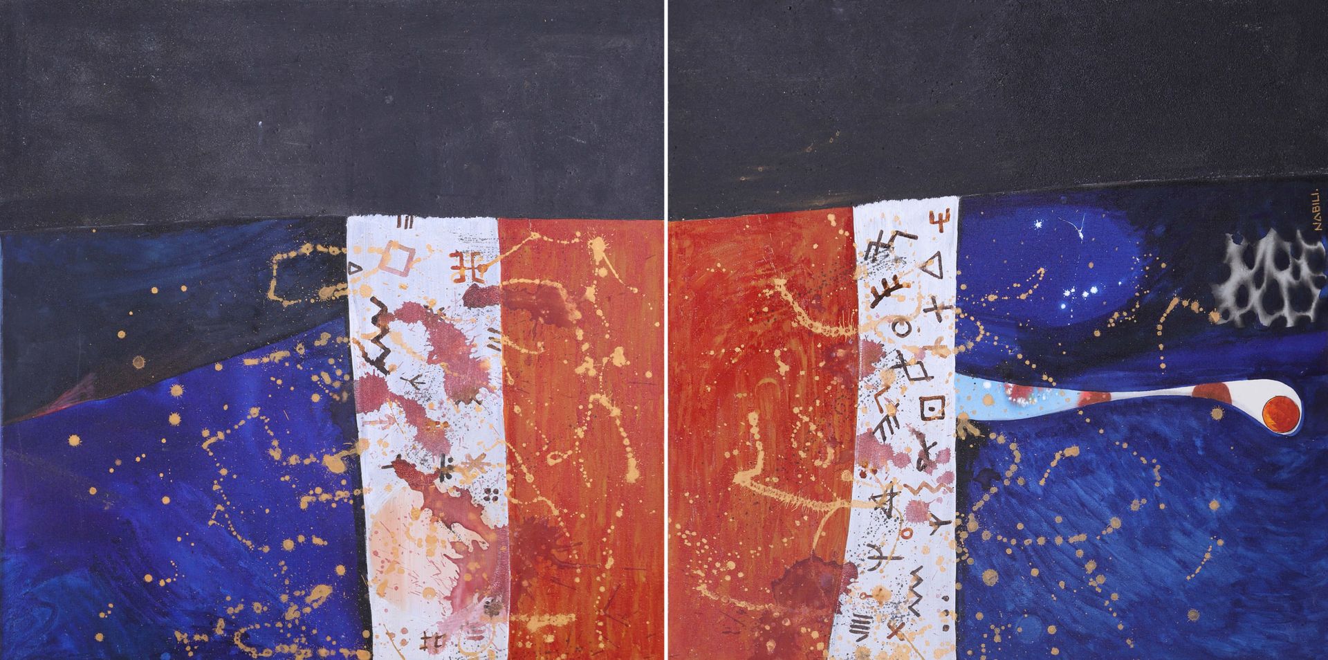 Mohamed NABILI (1954-2012) 无题 布面油画，形成一个双联画，右下角签名

总尺寸：100 x 200厘米

每张画布的尺寸：100 x&hellip;