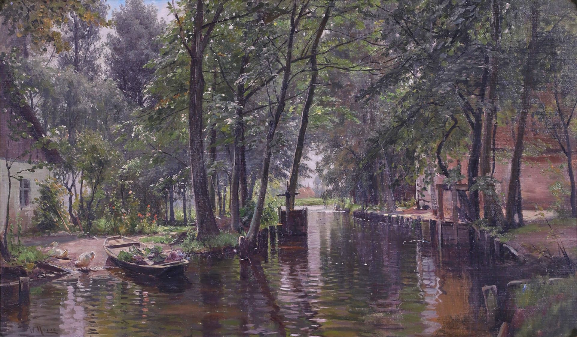 Walter Moras (1856-1925) Paysage de rivière à la barque  Huile sur panneau signé&hellip;
