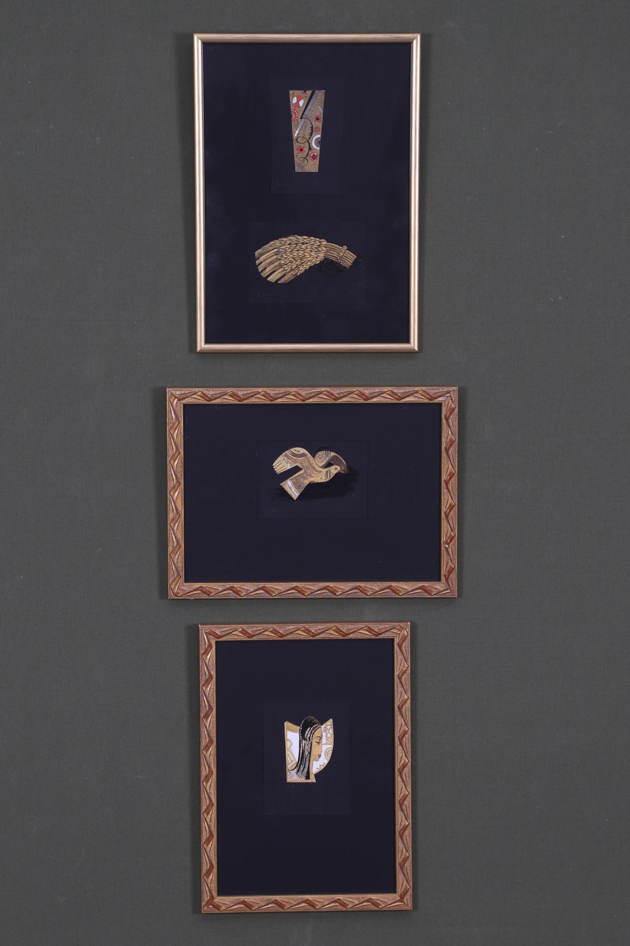 Gustave MIKLOS (1888-1967) 4件珠宝设计 > 约1952-1953年的两件设计。彩色水粉，旧金和白色，在根据物体形状切割的刚性支架上，&hellip;