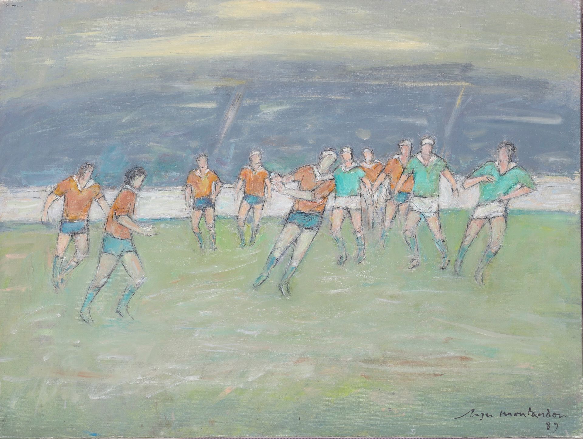 Roger Montandon (1918-2005) Match de rugby 1989 Huile sur toile signée et datée &hellip;