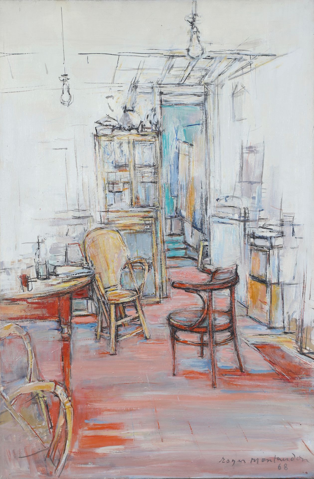 Roger Montandon (1918-2005) 工作室 1968 布面油画 右下方有签名和日期，背面有会签、日期和标题 81 x 54 cm