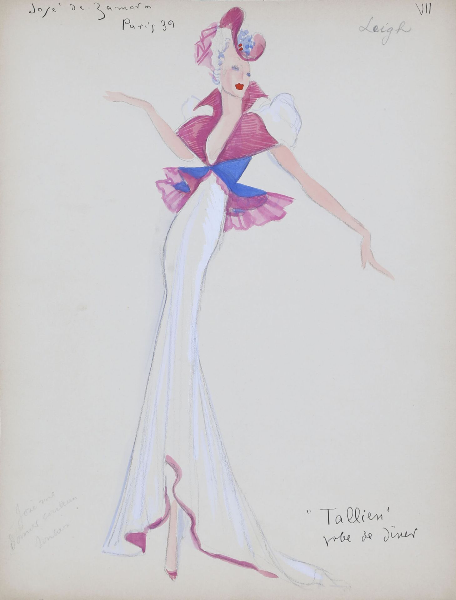 José de ZAMORA (1889-1971) 3个服装模型 1939年 纸上水粉和铅笔，其中两个有签名，日期和位于左上方的 "巴黎"。

31,5 x &hellip;