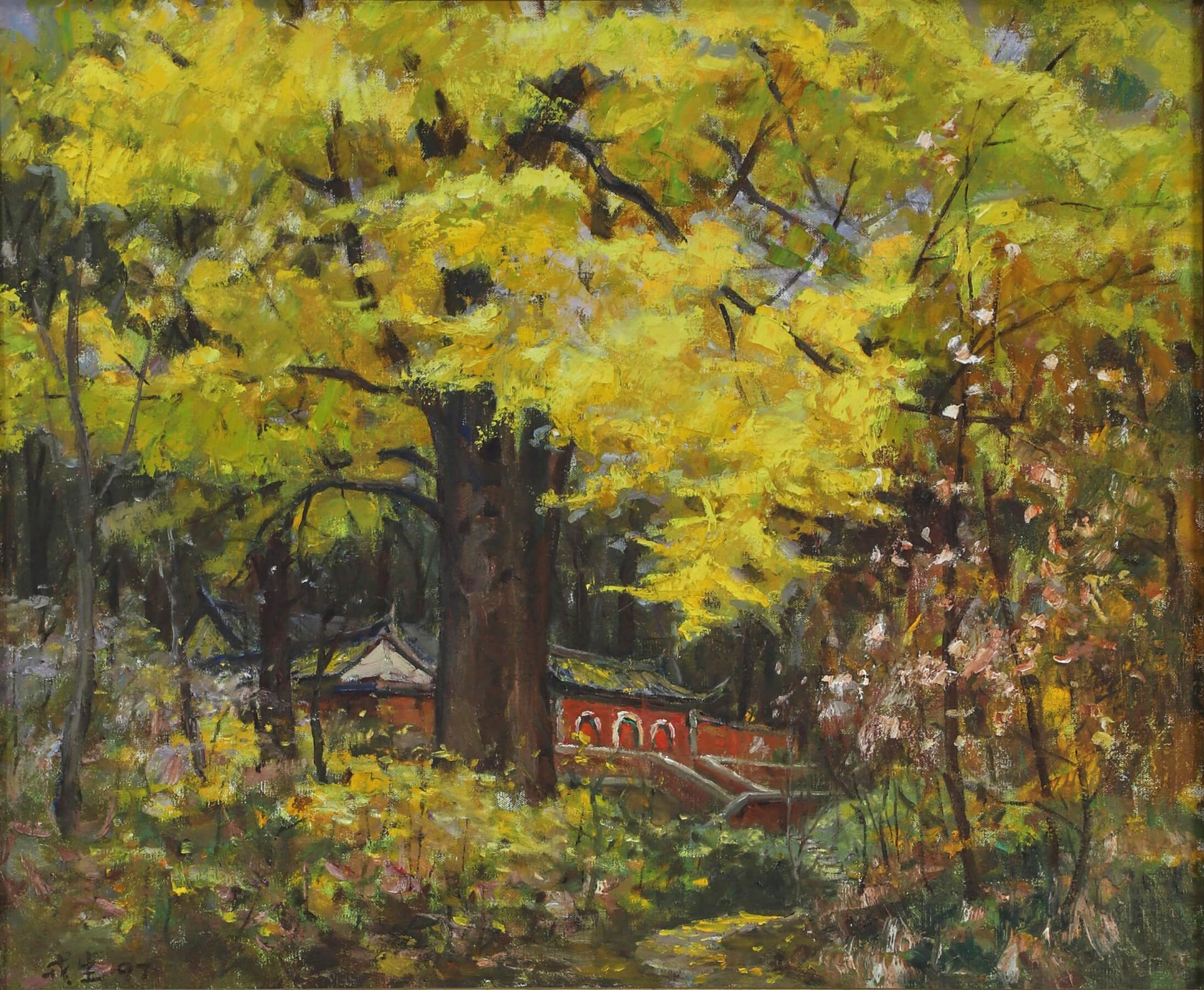 Yin Rongsheng (1930-2005) Temple under an autumn forest Oil on canvas signed low&hellip;