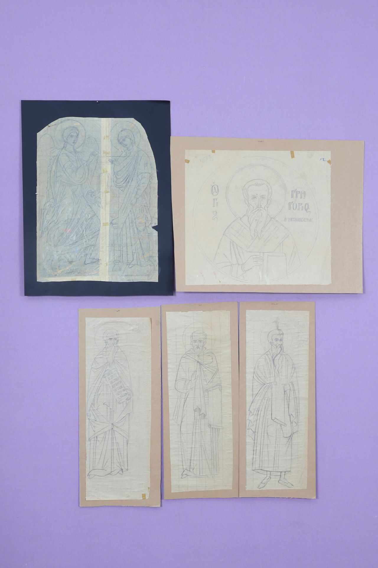 Fotis Kontoglou (1896-1965) 5张用铅笔在纸上粘贴的宗教研究报告，其中一张左下方有签名

55 x 40厘米，61 x 21厘米（x3&hellip;