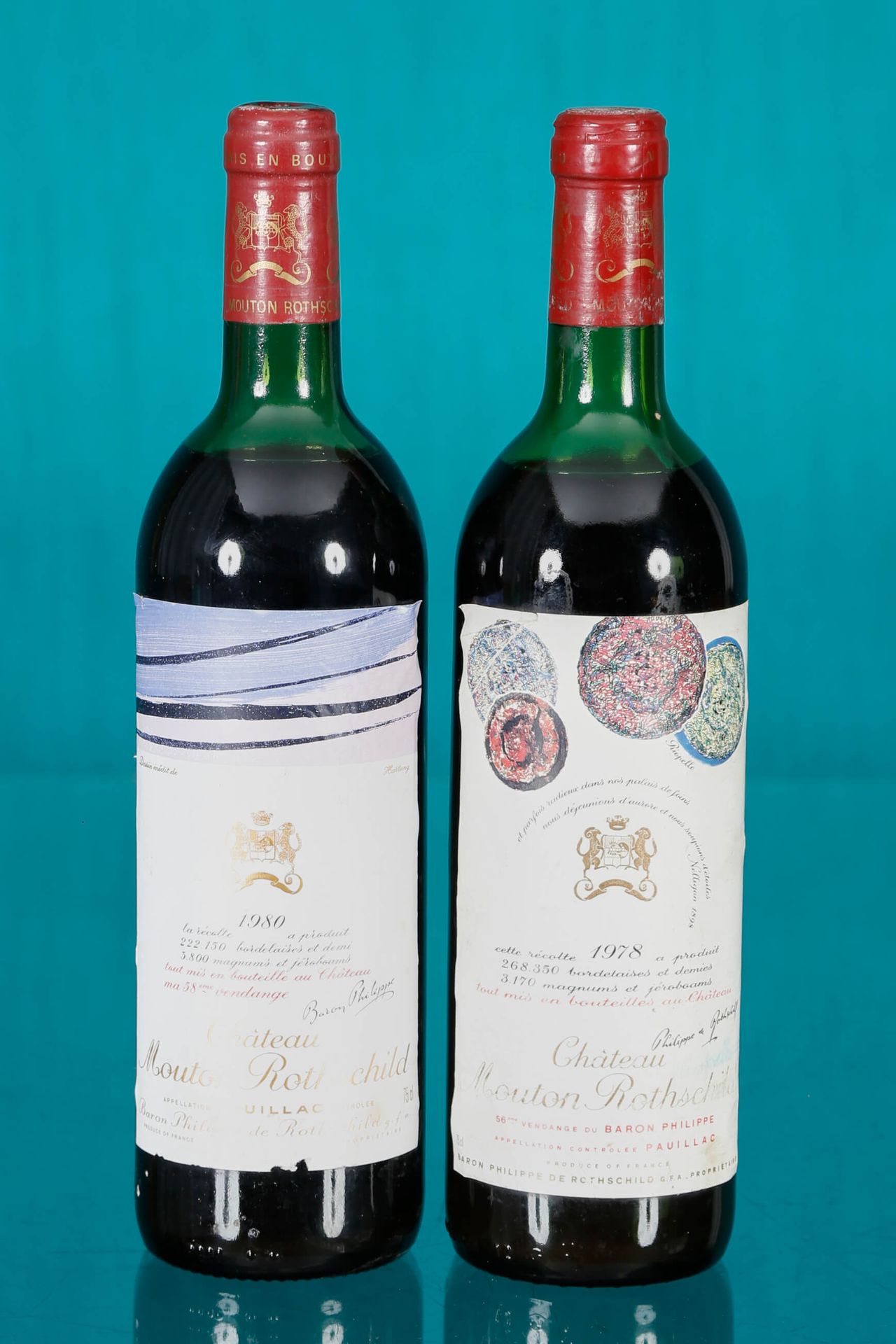 Château Mouton Rothschild, Pauillac 2 bottles (+1) >1973, bottle illustrated by &hellip;