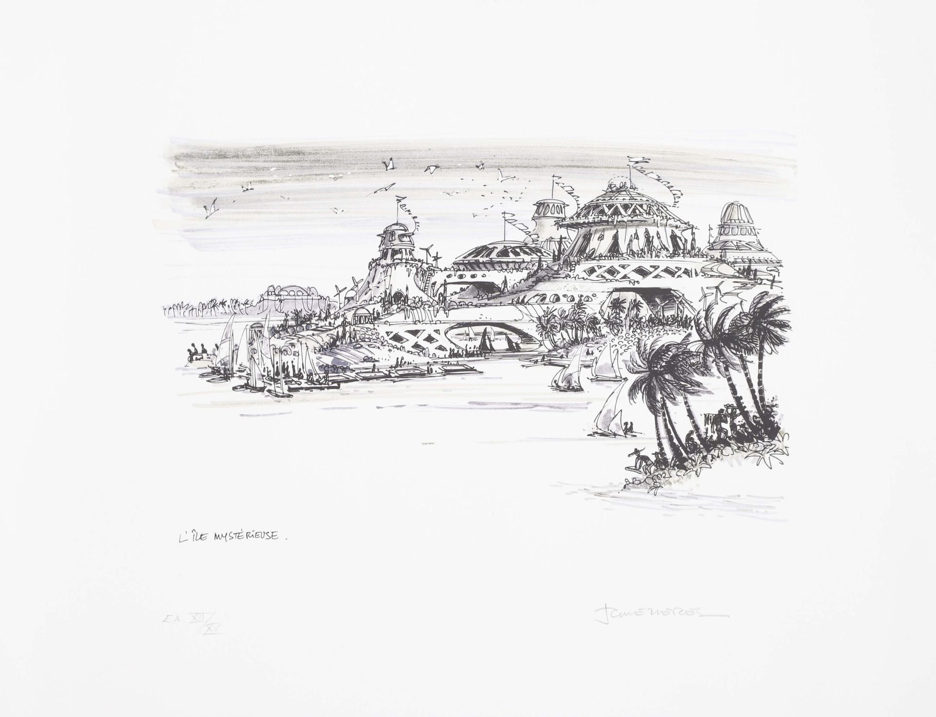 Jean-Claude Mézières (1938-2022) L'Île mystérieuse 2017 三色铝板石版画，印在Arches纸上，右下方有签&hellip;