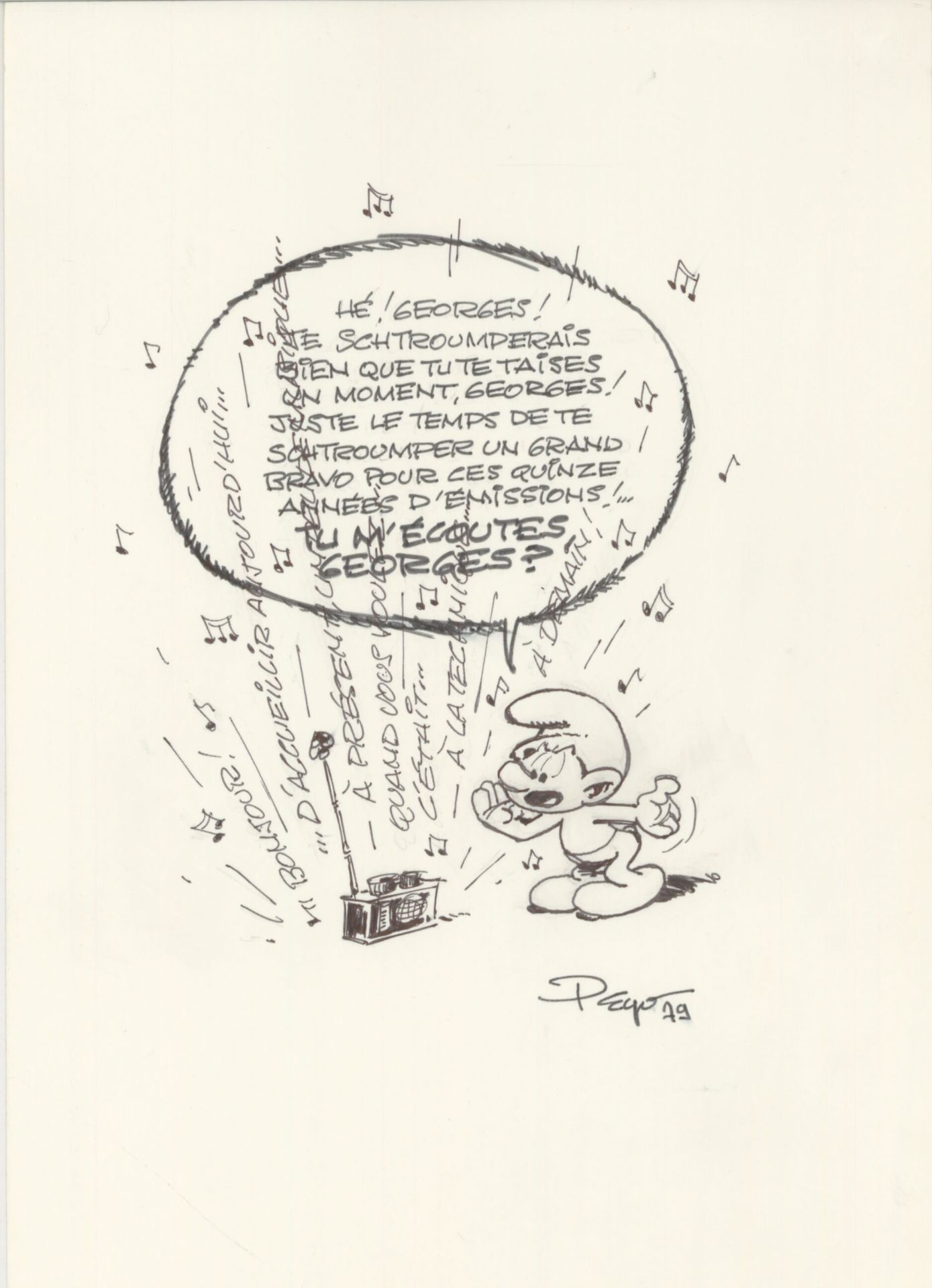 PEYO (1928-1992) Le Schtroumpf radiophonique 1979 纸上毛笔，右下角签名 29.7 x 21 cm 出处： > &hellip;