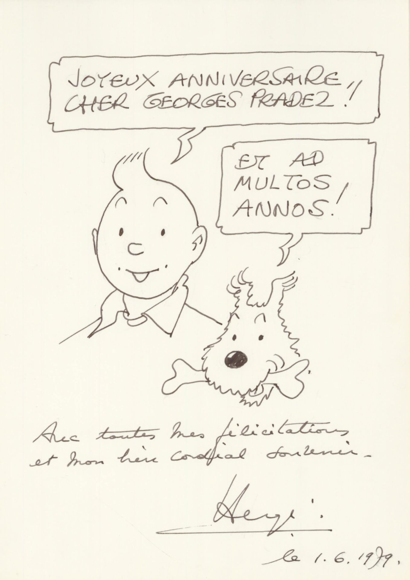 HERGÉ (1907-1983) 丁丁和白雪向乔治-普拉德兹致敬的肖像 1979年 纸上墨水，右下角签名 29.7 x 21 cm 出处： > 乔治-普拉德兹&hellip;