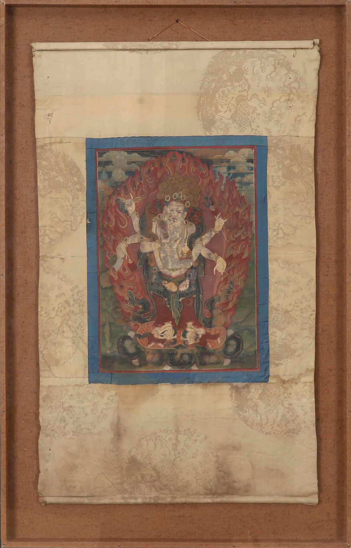 Tibet Thangka Détrempe sur toile montée sur soie représentant Mahakala à 6 bras &hellip;