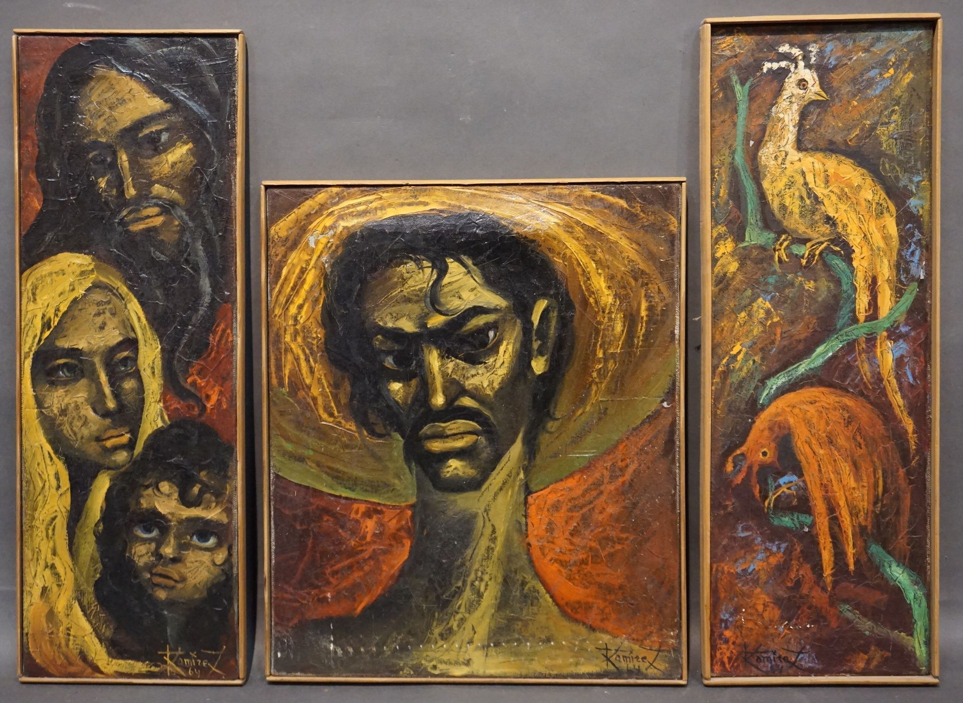 Ramírez 三幅布面油画："脸 "和 "鸟"（60x20厘米），已签名，日期为64。