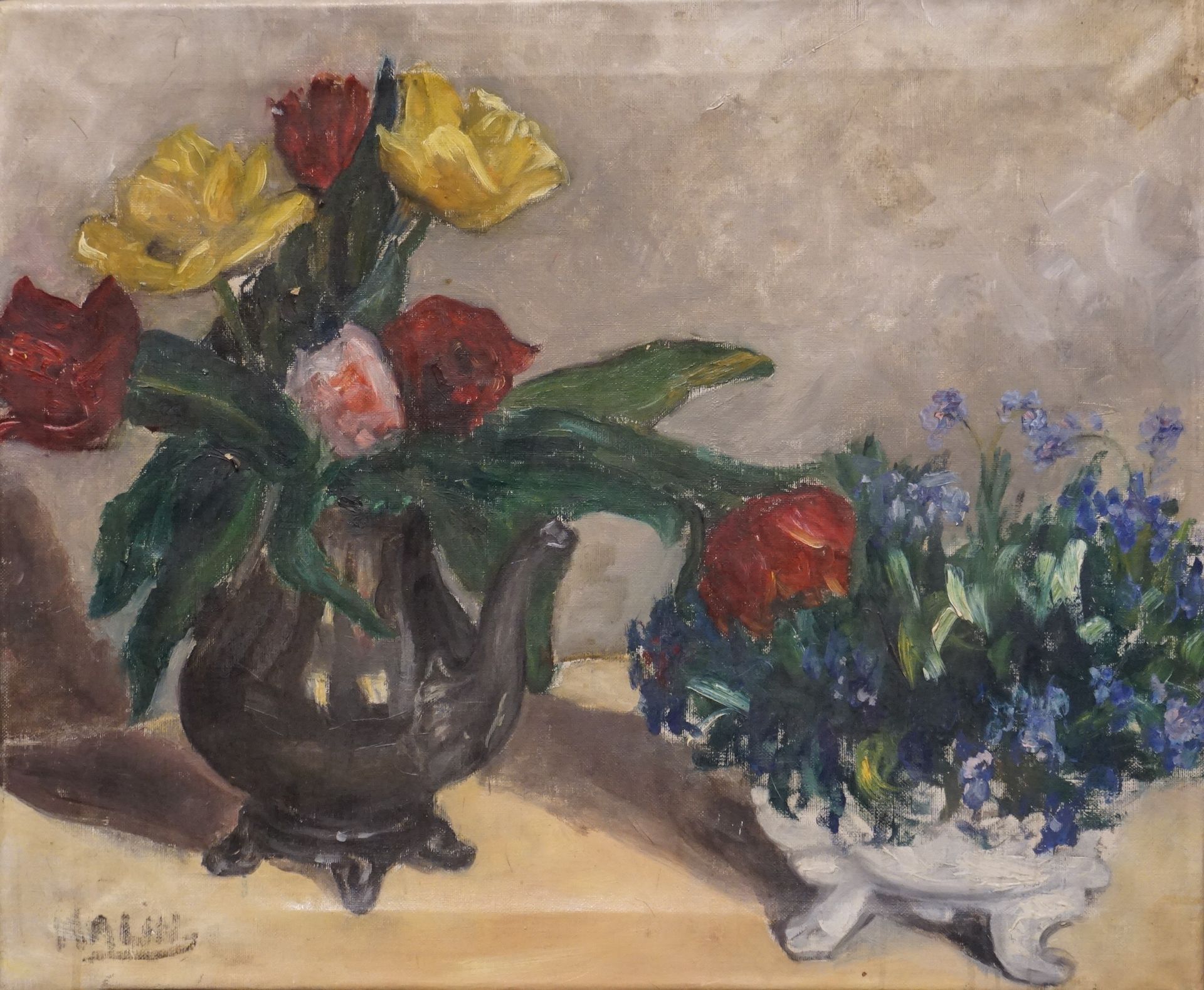 Null "Bouquets de fleurs", huile sur toile, sbg (Malin ?) (usures). 43x52 cm