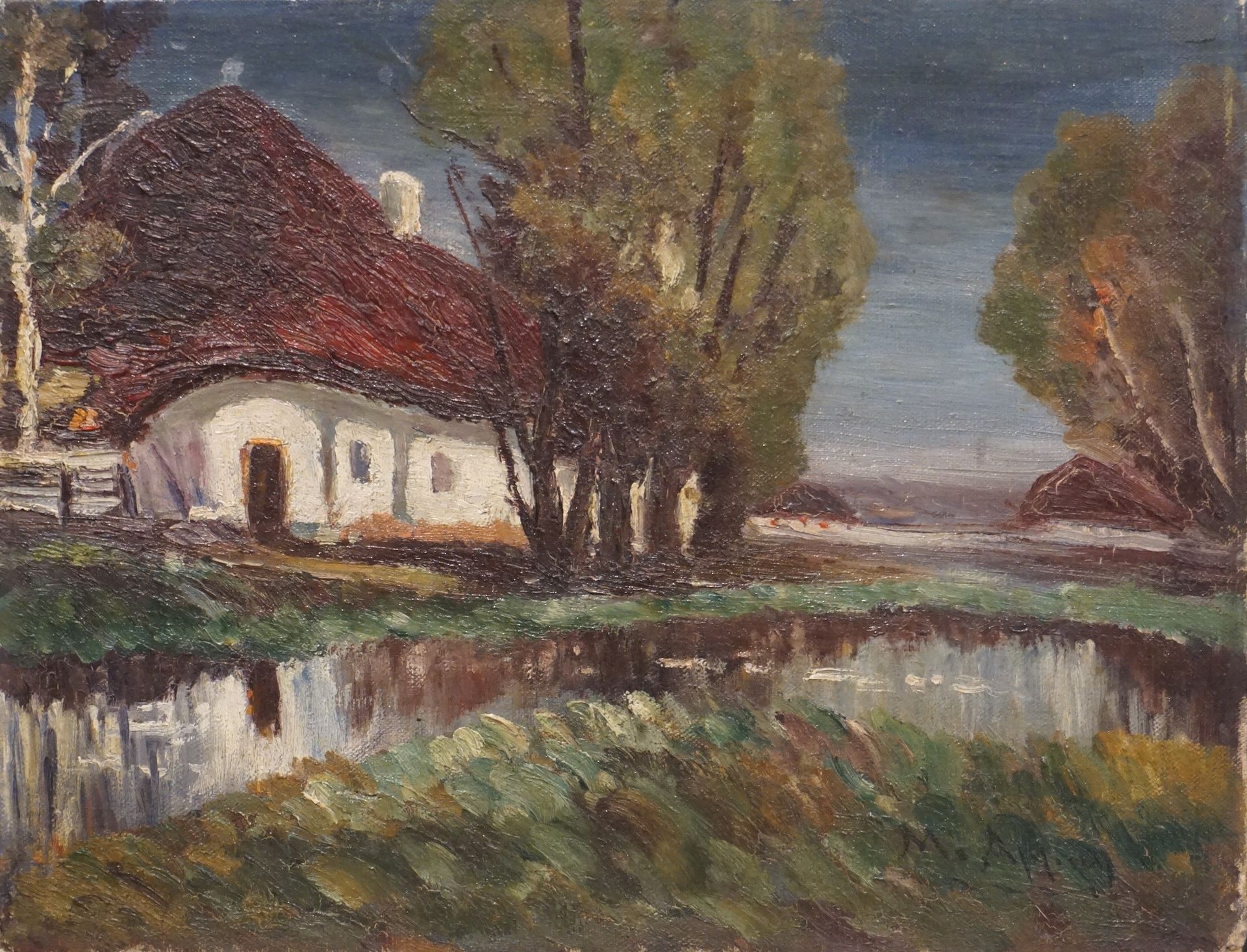 Null "Cottage by the pond", oil on canvas, sbd. 27x35 cm