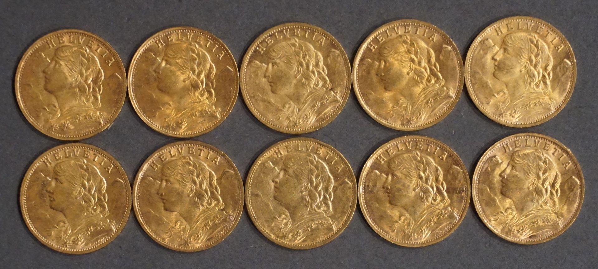 Null Ten pieces of Twenty Swiss Francs in gold 64 grs