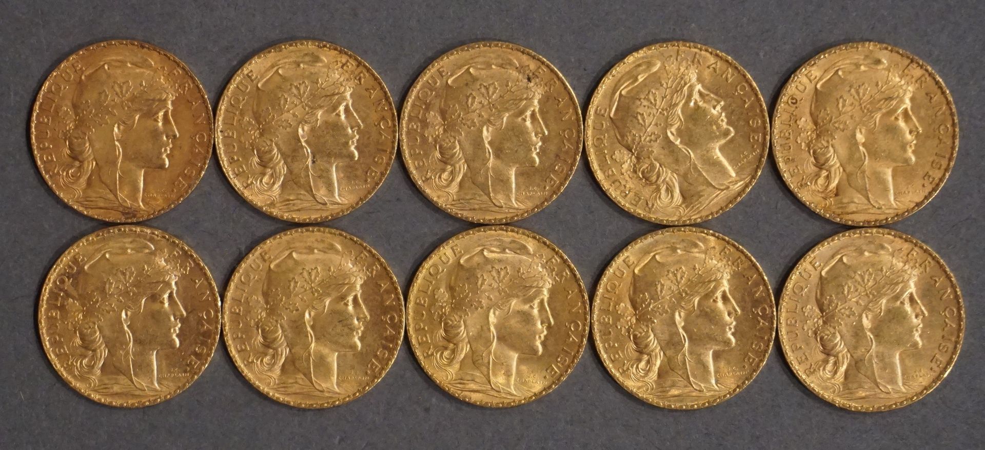 Null Diez monedas de oro de veinte francos franceses (Marianne - gallo) 64 grs