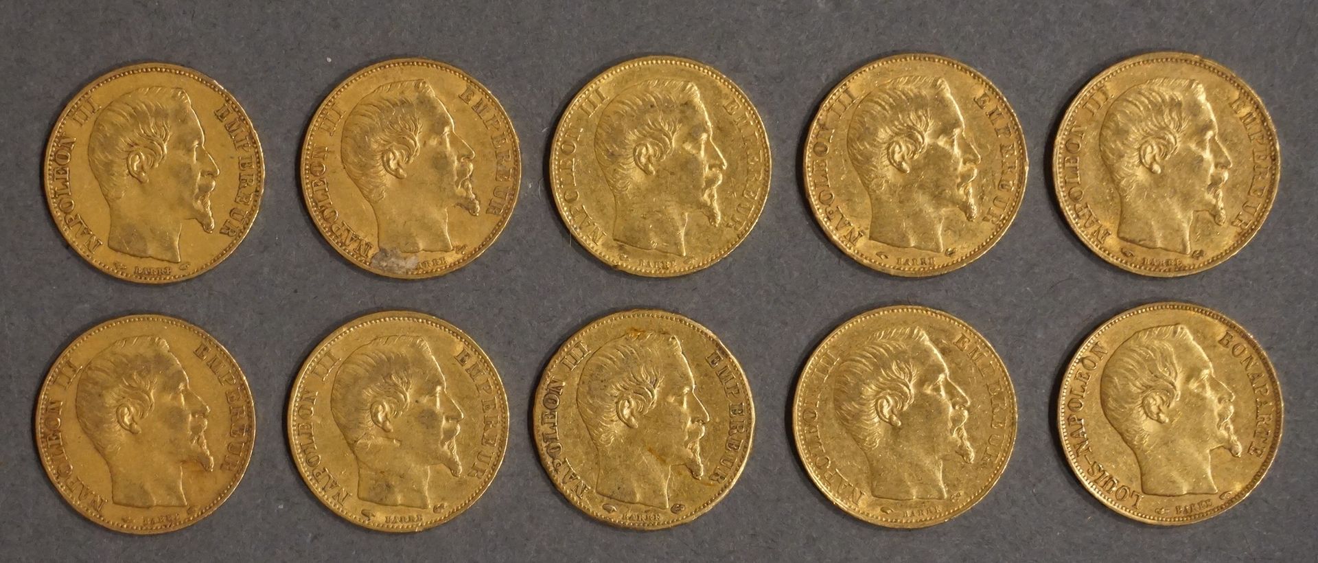 Null Ten coins of Twenty French Francs in gold (Napoleon III bare head) 64 grs