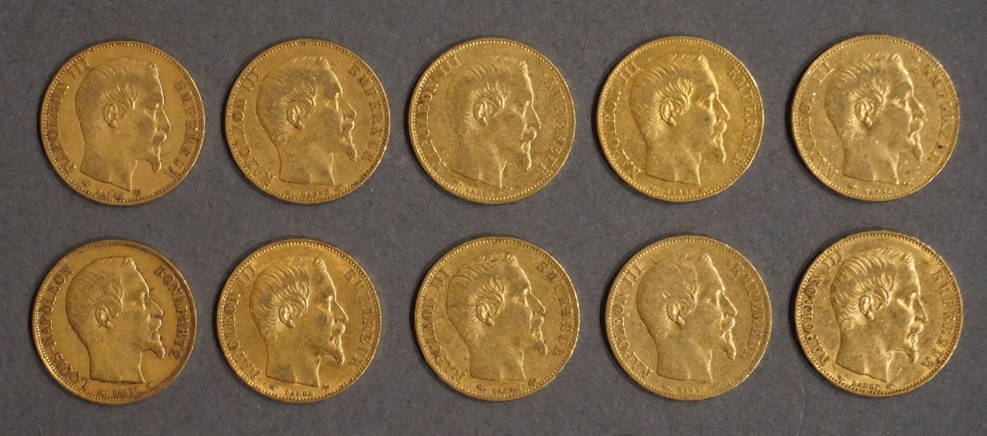 Null Ten coins of Twenty French Francs in gold (Napoleon III bare head) 64 grs