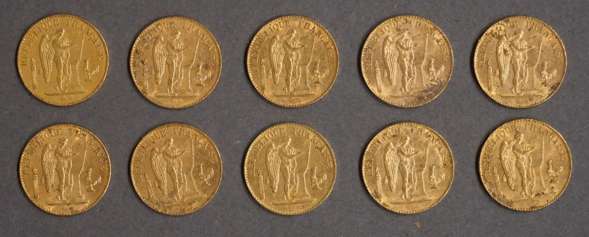 Null Zehn Münzen von Vingt Francs Français in Gold (Genie III. Republik) 64 grs