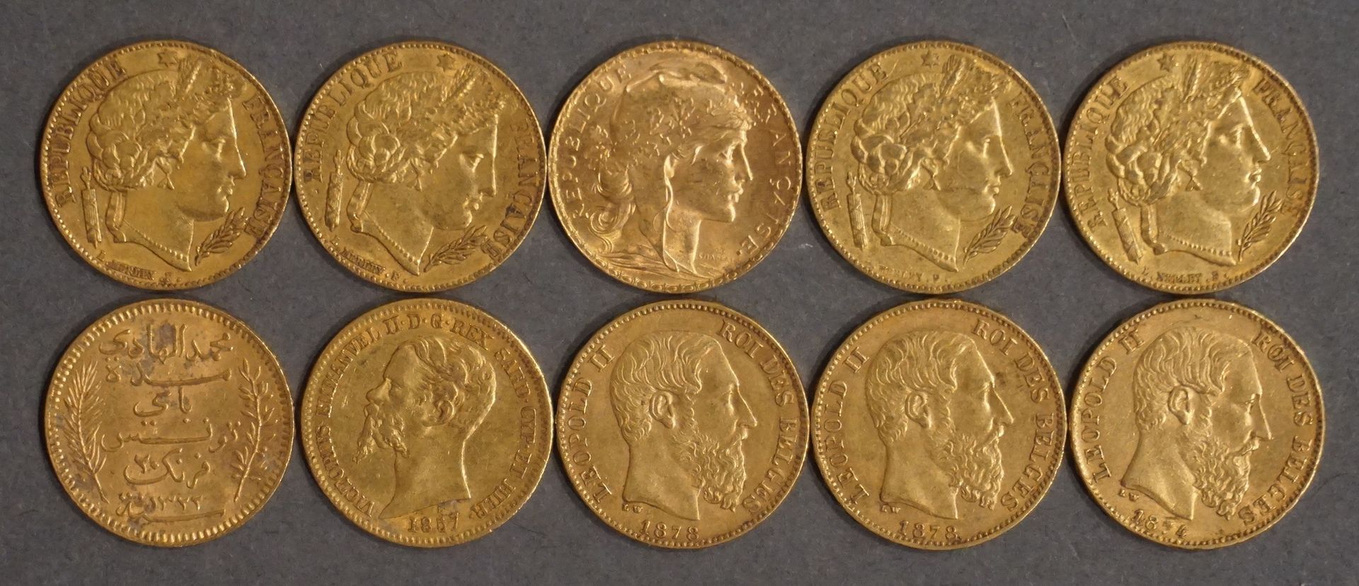 Null Dix pièces de Vingt Francs en or (1 Marianne - coq, 4 Céres, 3 Léopold II r&hellip;