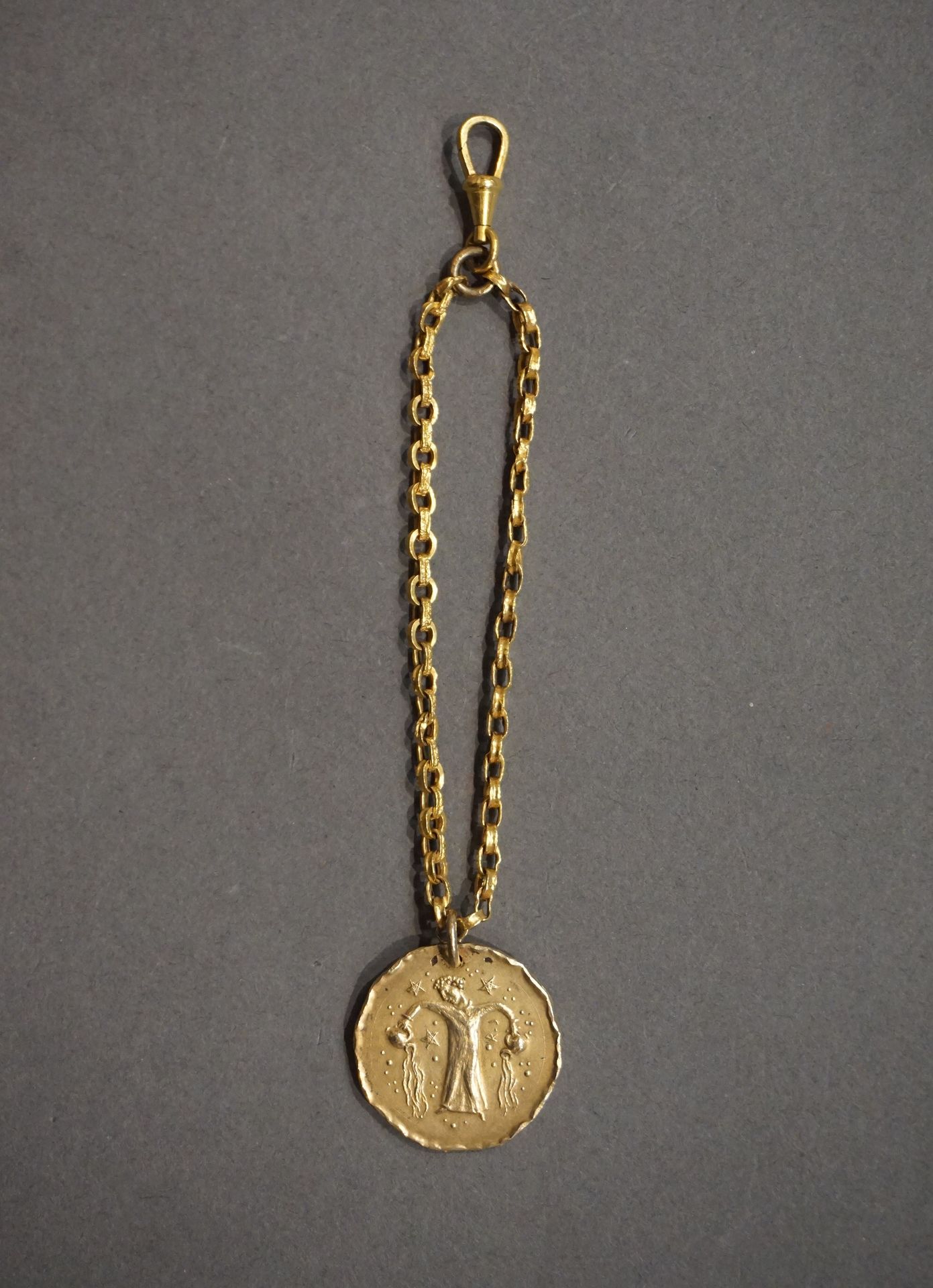 Chaine Gold watch chain, with gilt metal clasp and gilt metal medal with charact&hellip;