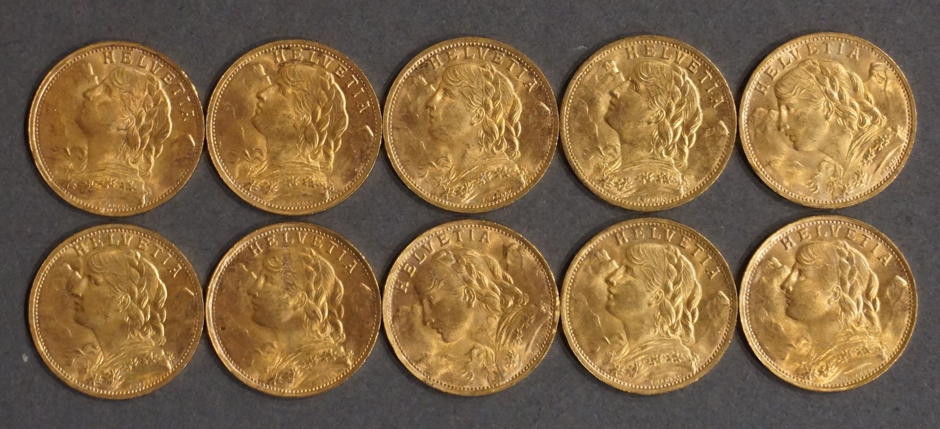 Null Ten pieces of Twenty Swiss Francs in gold 64 grs