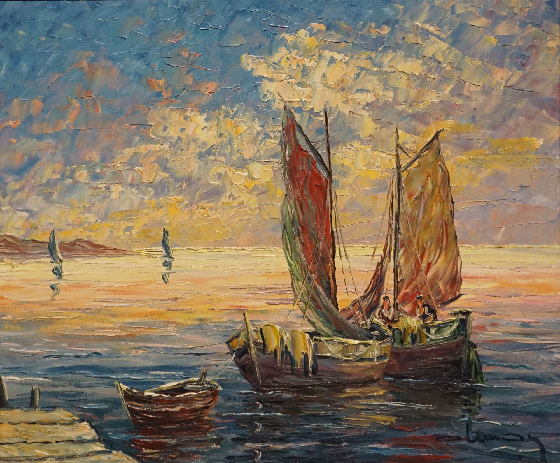 Null "Barques au couchant", huile sur toile, sbd. 46x55 cm