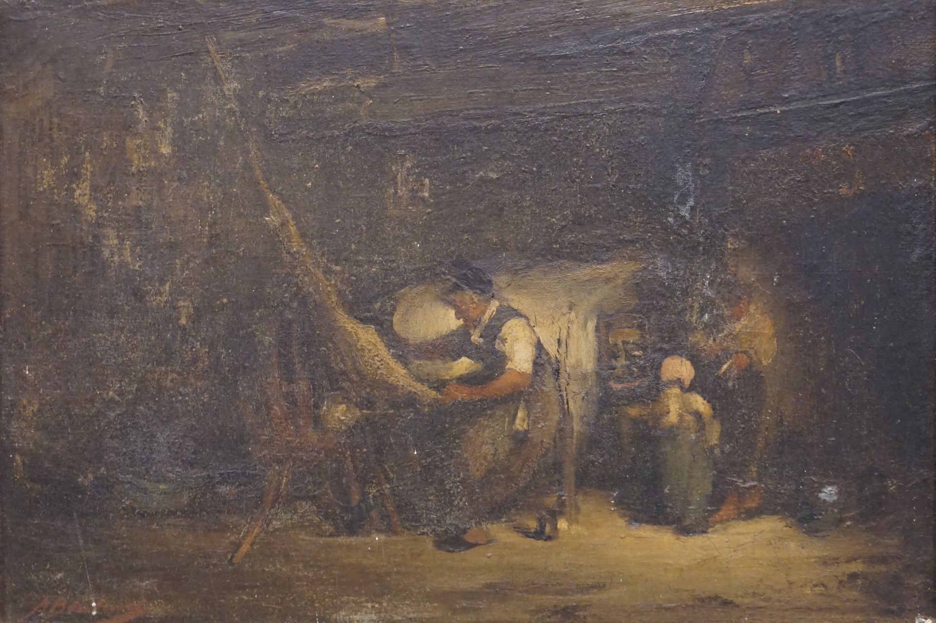 Auguste BOULARD (1827-1897) "渔夫之家内部"，布面油画，有光泽（磨损）。42x55厘米